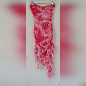 SHEIN (Small) Pink Floral Strapless (Tub Style) Sheer Dress